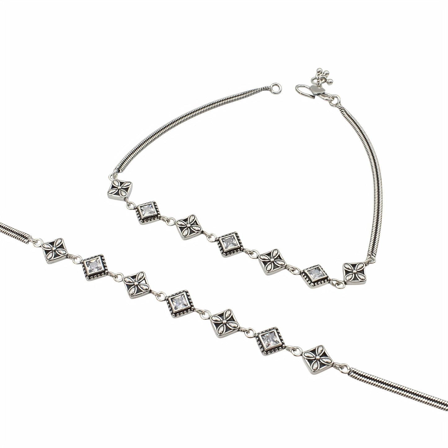 925 Sterling Silver White CZ Oxidised Floral stone-studded Payal Anklet Pair 10"