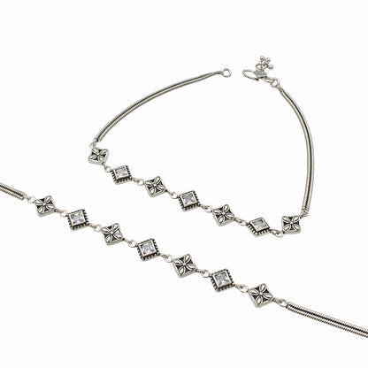 925 Sterling Silver White CZ Oxidised Floral stone-studded Payal Anklet Pair 10"
