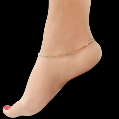 Trendy three tone Girlish 925 Sterling Silver box Chain Anklet Pair 10.3"