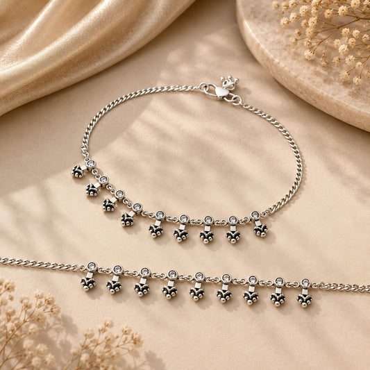 925 Sterling Silver White CZ Oxidised Floral Charm Payal Anklet Pair 10.3"