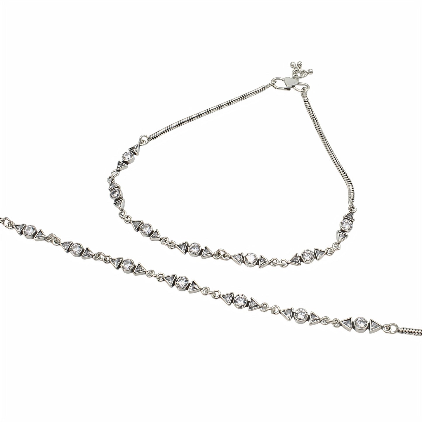 925 Sterling Silver White CZ Oxidised Anklet Payal Pair 10.3"