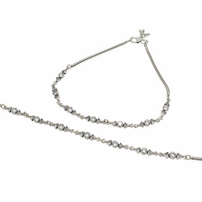 925 Sterling Silver White CZ Oxidised Anklet Payal Pair 10.3"