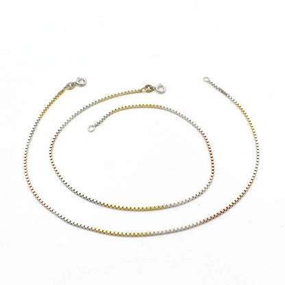 Trendy three tone Girlish 925 Sterling Silver box Chain Anklet Pair 10.3"