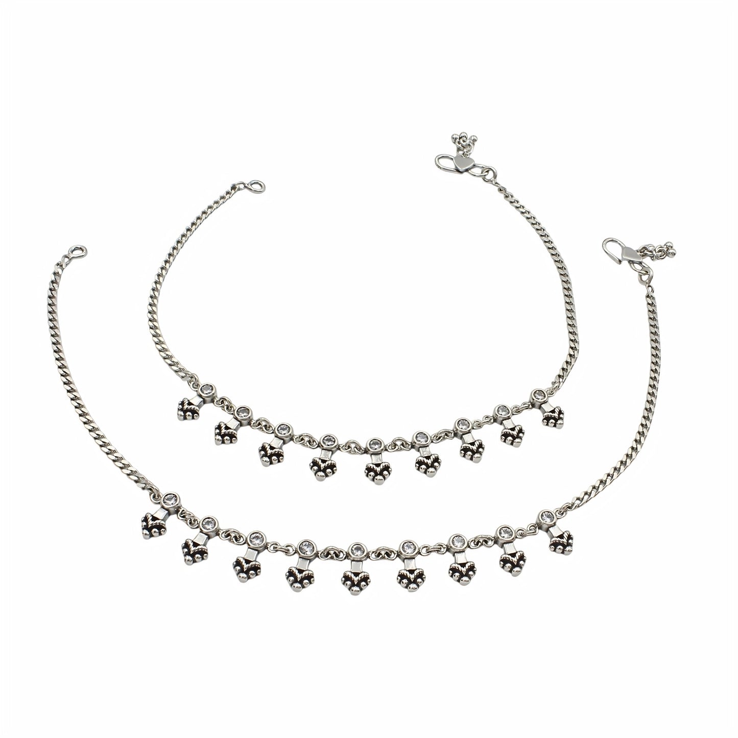 925 Sterling Silver White CZ Oxidised Floral Charm Payal Anklet Pair 10.3"
