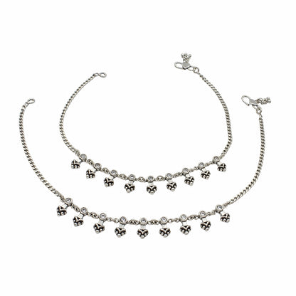 925 Sterling Silver White CZ Oxidised Floral Charm Payal Anklet Pair 10.3"