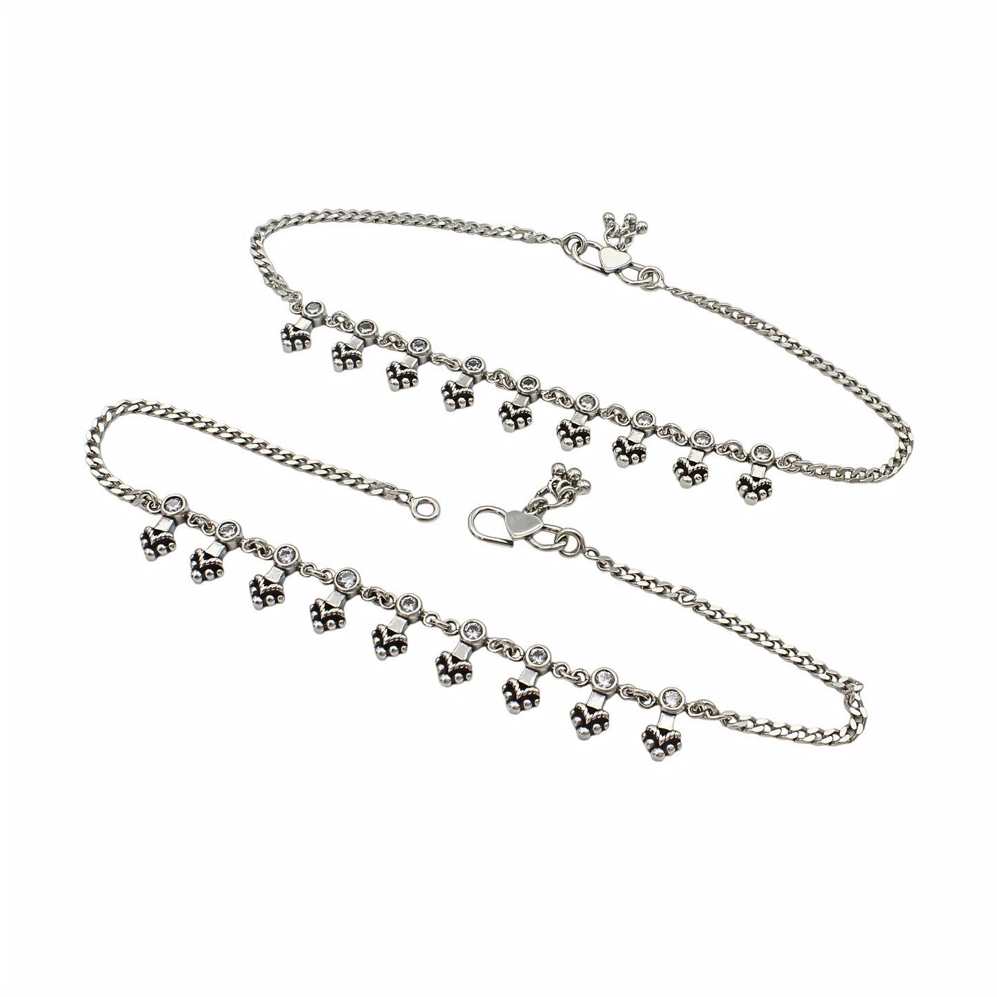 925 Sterling Silver White CZ Oxidised Floral Charm Payal Anklet Pair 10.3"