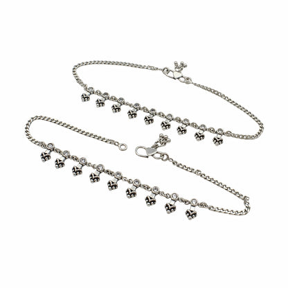 925 Sterling Silver White CZ Oxidised Floral Charm Payal Anklet Pair 10.3"