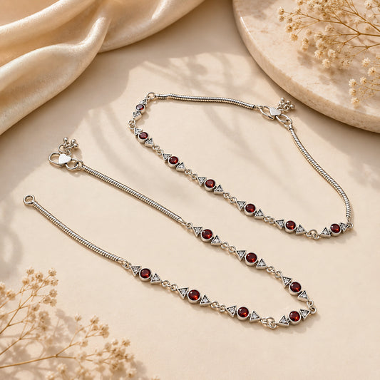 Premium 925 Sterling Silver Red White CZ Oxidised Pajeb Anklet Pair 10.3"