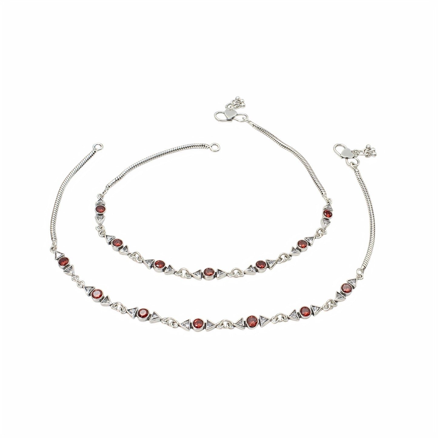 Premium 925 Sterling Silver Red White CZ Oxidised Pajeb Anklet Pair 10.3"