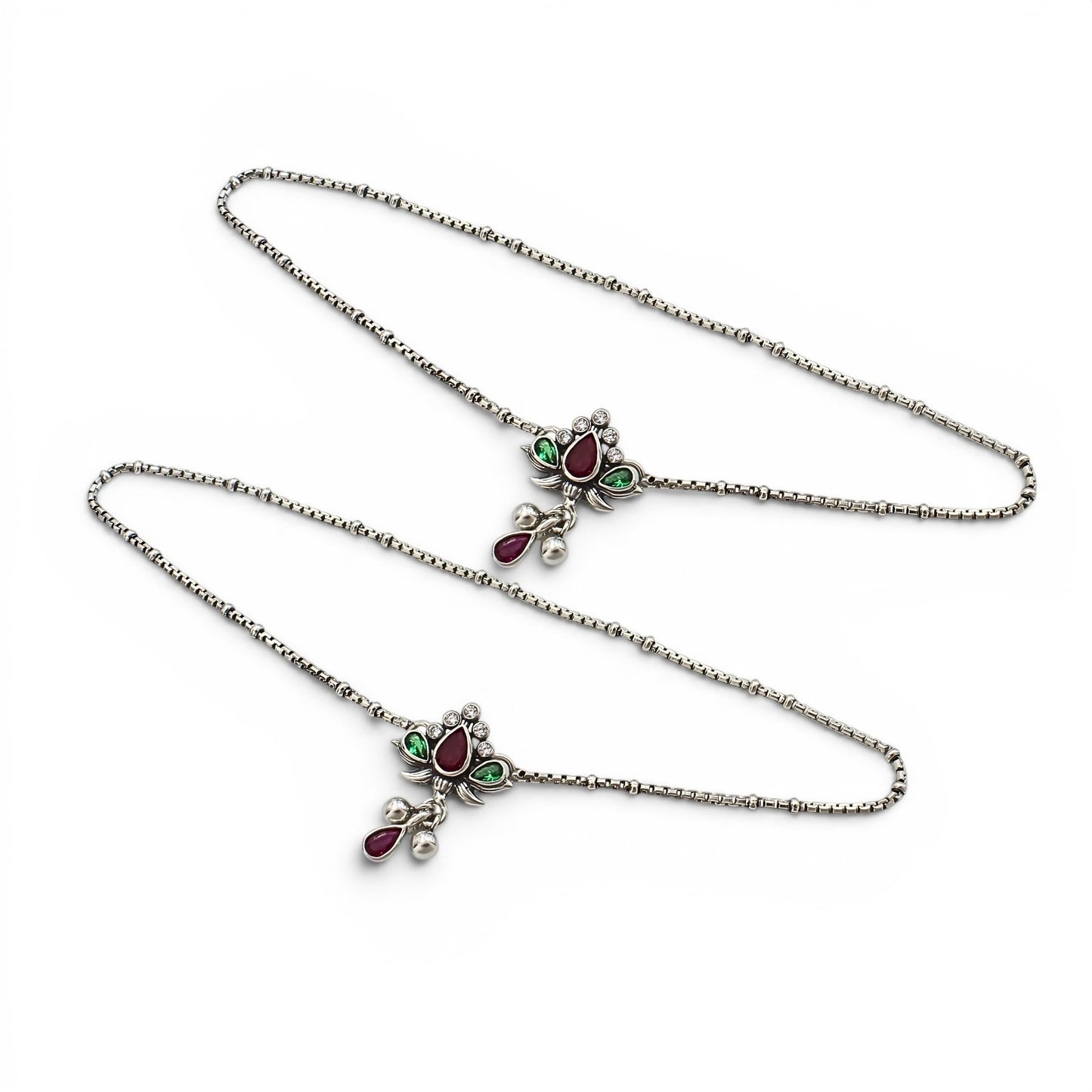 Beach wear 925 Sterling Silver Multi CZ Oxidised Anklet Pair 10.3"