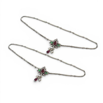 Beach wear 925 Sterling Silver Multi CZ Oxidised Anklet Pair 10.3"