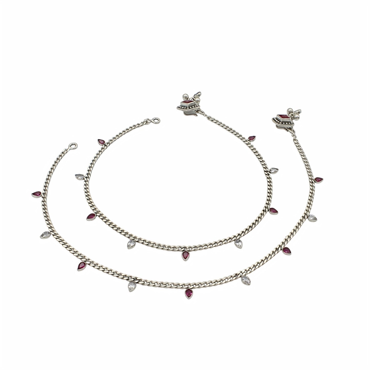 925 Sterling Silver Pink White CZ Oxidised Diva Drops Payal Anklet Pair 10.3"