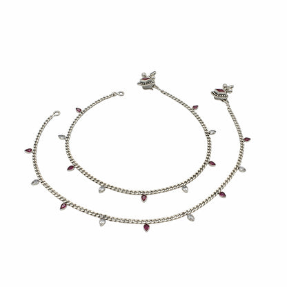 925 Sterling Silver Pink White CZ Oxidised Diva Drops Payal Anklet Pair 10.3"