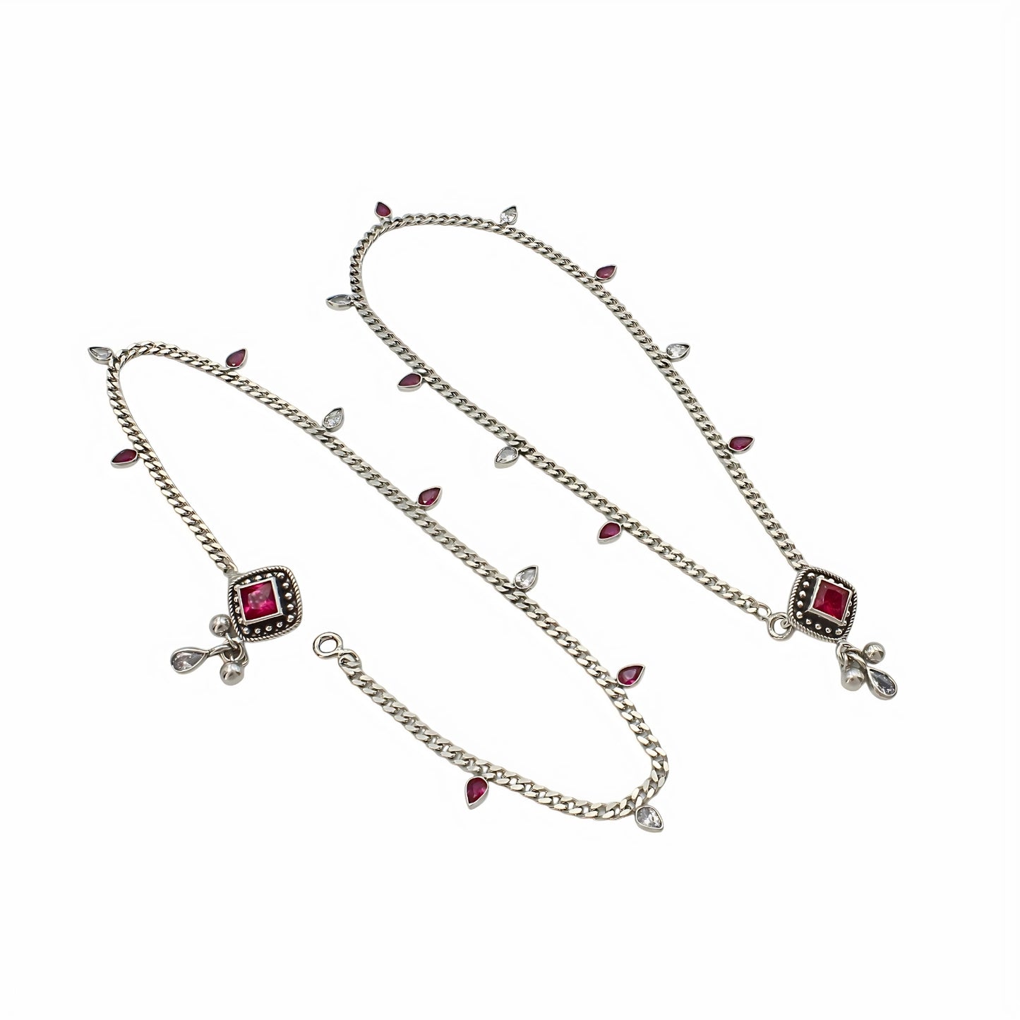 925 Sterling Silver Pink White CZ Oxidised Diva Drops Payal Anklet Pair 10.3"