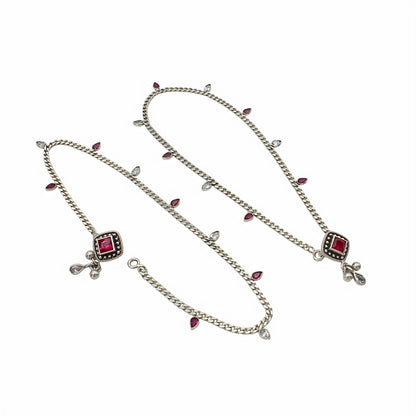 925 Sterling Silver Pink White CZ Oxidised Diva Drops Payal Anklet Pair 10.3"
