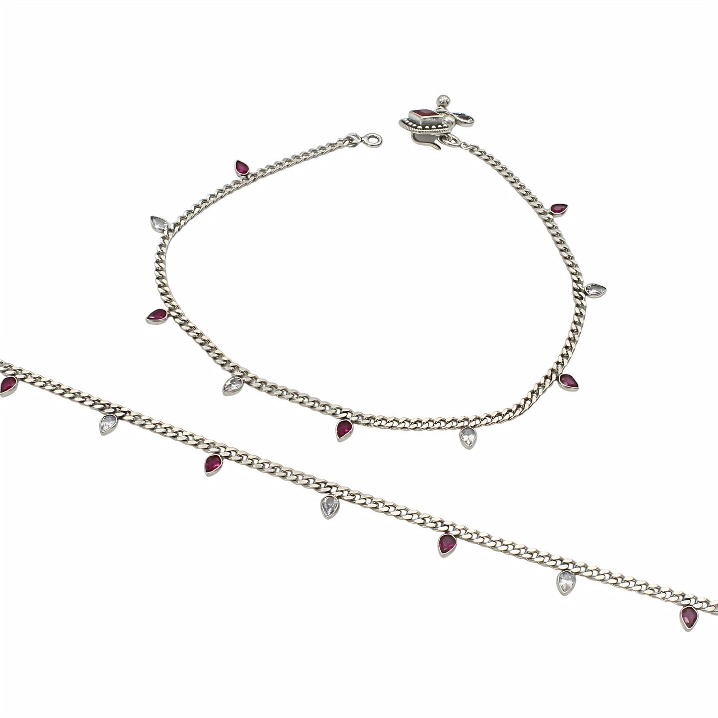 925 Sterling Silver Pink White CZ Oxidised Diva Drops Payal Anklet Pair 10.3"
