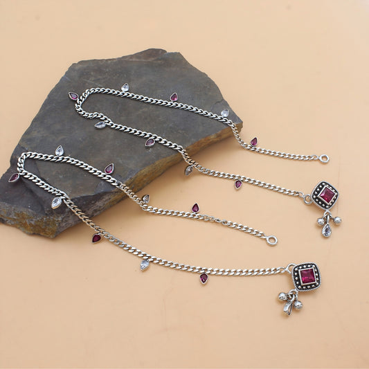 925 Sterling Silver Pink White CZ Oxidised Diva Drops Payal Anklet Pair 10.3"