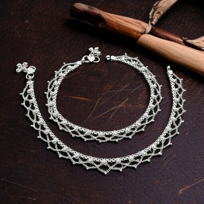 Real Sterling Silver women handmade Jhallar style Anklet Ankle Pair 10.3"
