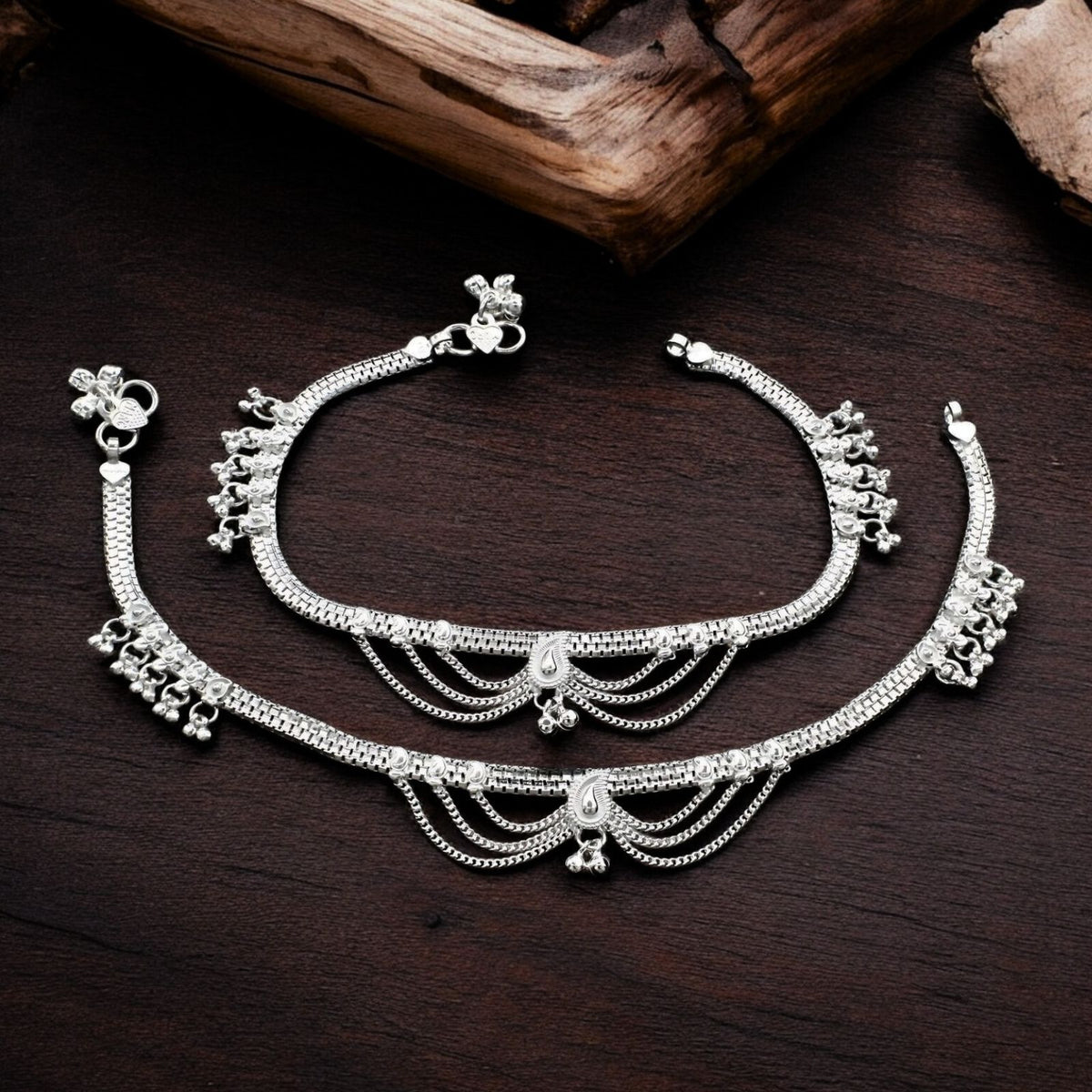 Real Sterling Silver women Traditional Bridal Anklet Ankle Pair 10.3 ...