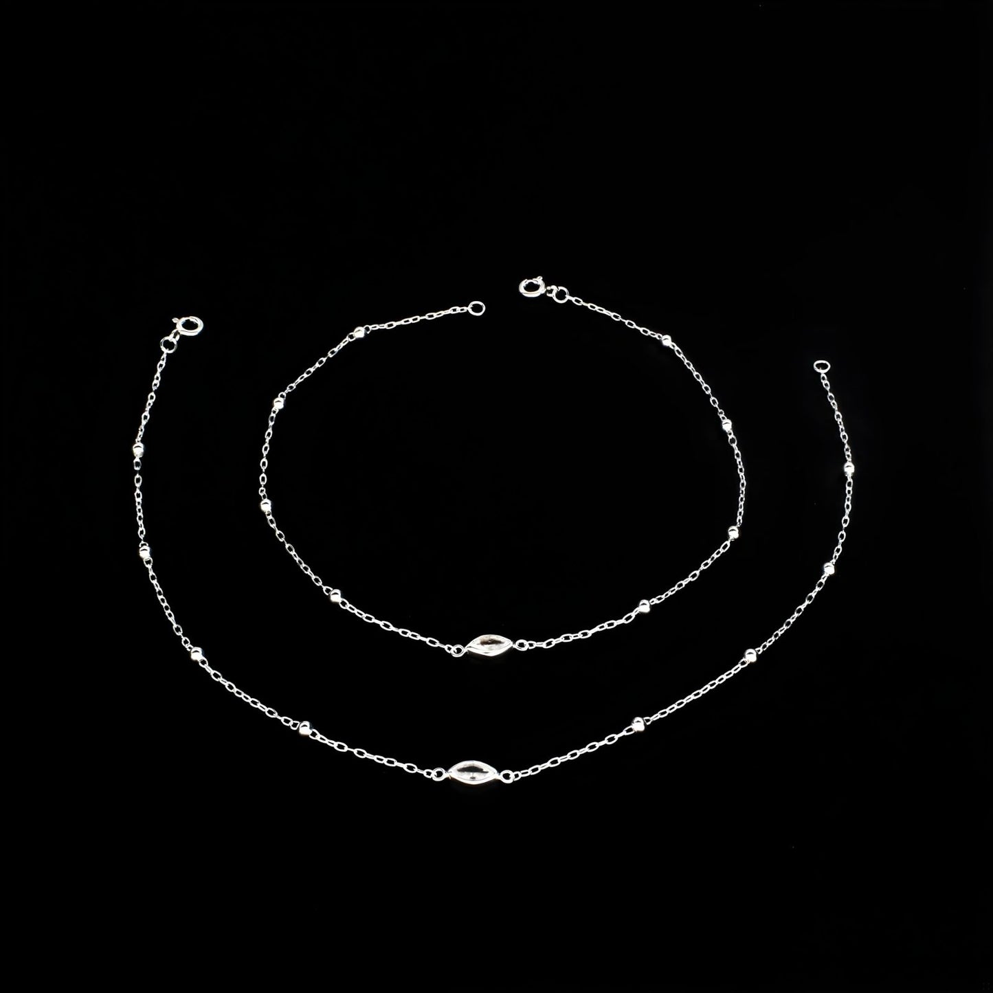 Dainty 925 Sterling Silver girlish small beaded White CZ Chain Anklet Pair 10.2"