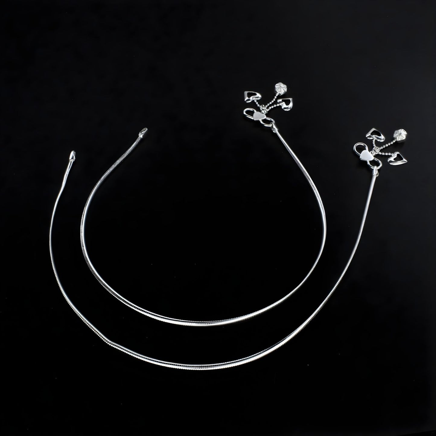 925 Sterling Silver women snake chain Anklet Pair 10.3"