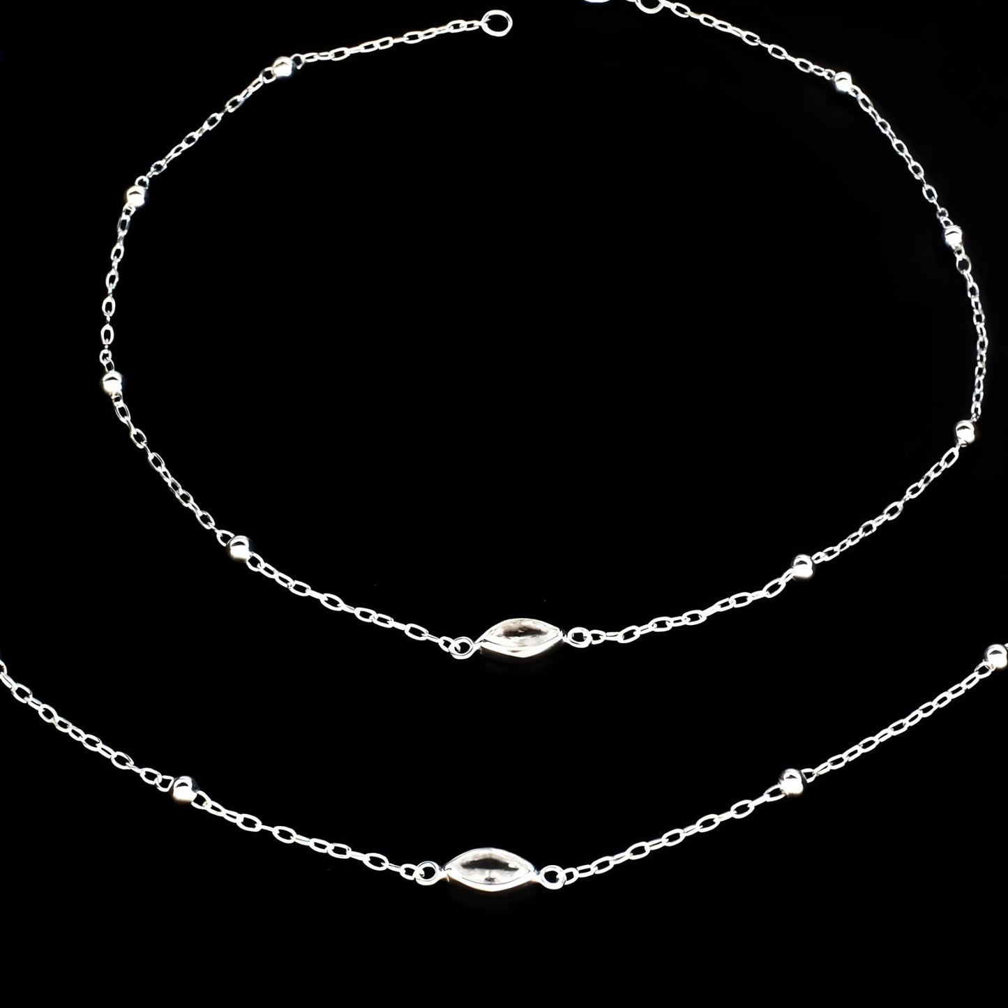 Dainty 925 Sterling Silver girlish small beaded White CZ Chain Anklet Pair 10.2"
