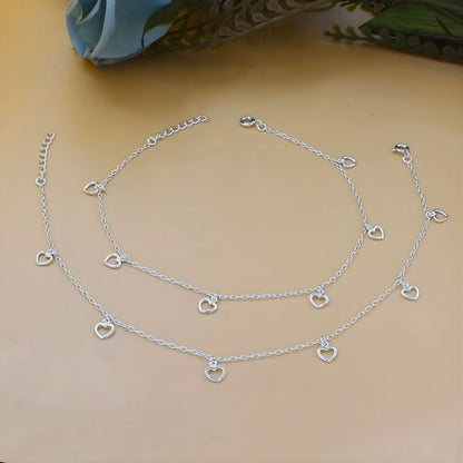 925 Sterling Silver girlish cute Little hearts charm chain Anklet Pair 10.5"