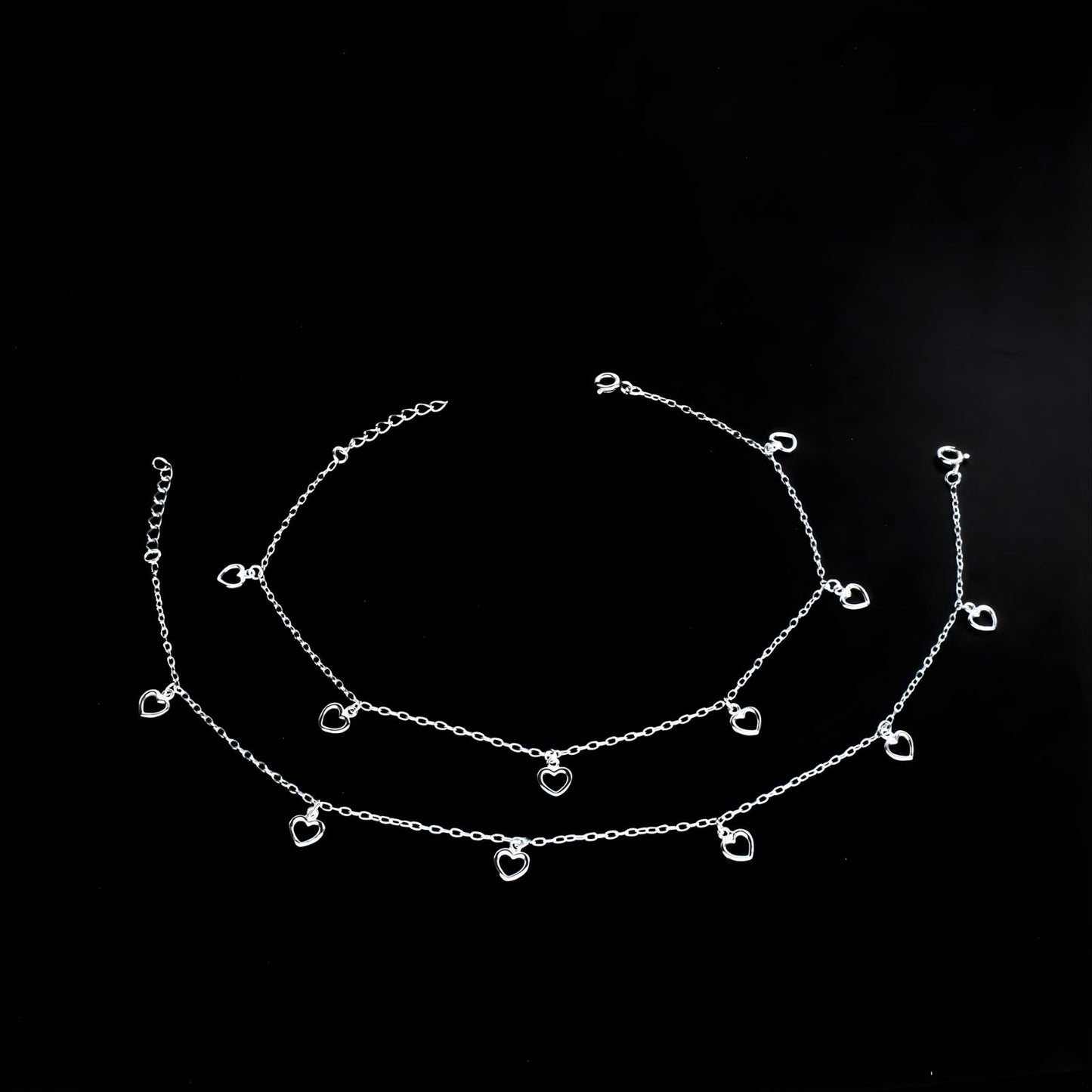 925 Sterling Silver girlish cute Little hearts charm chain Anklet Pair 10.5"