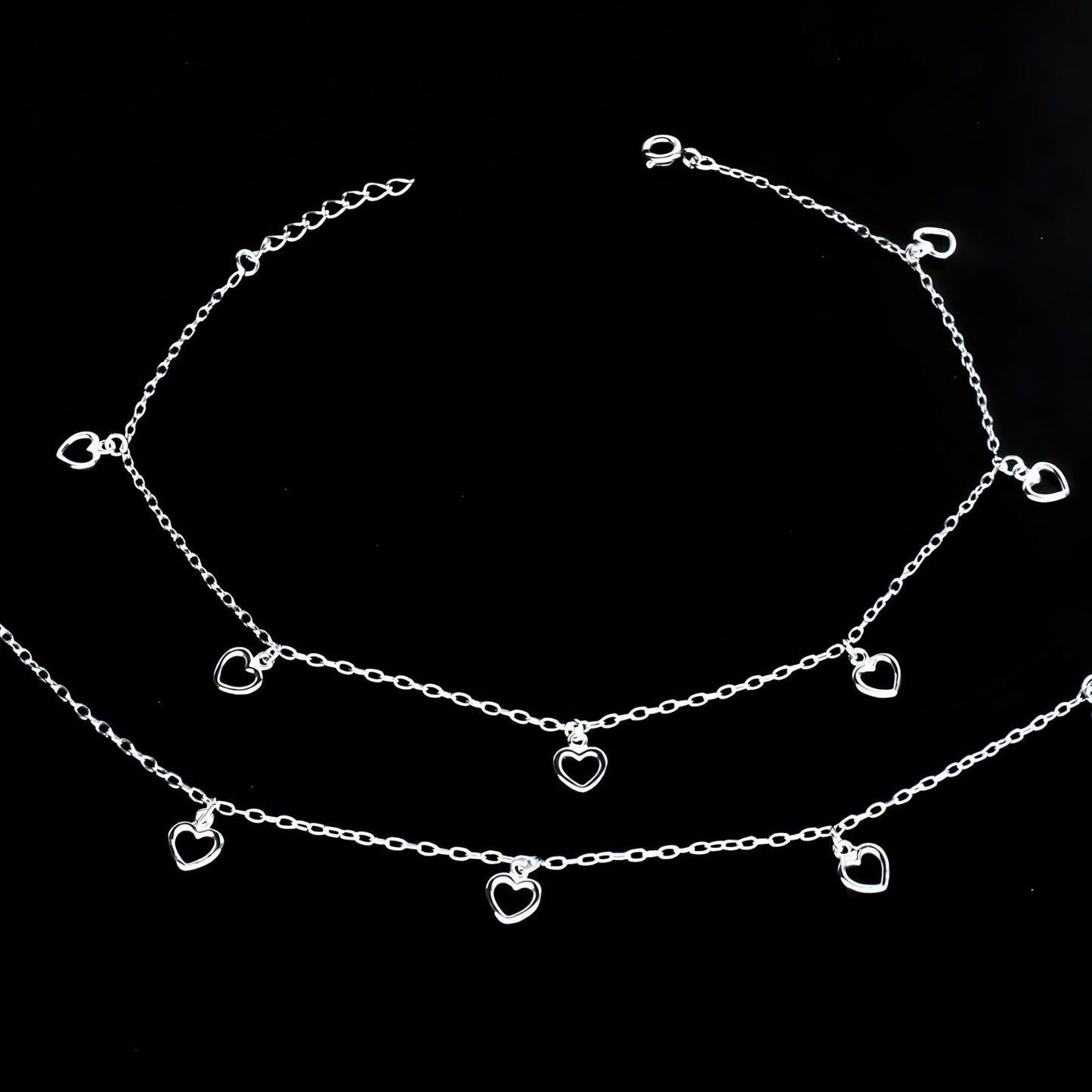 925 Sterling Silver girlish cute Little hearts charm chain Anklet Pair 10.5"