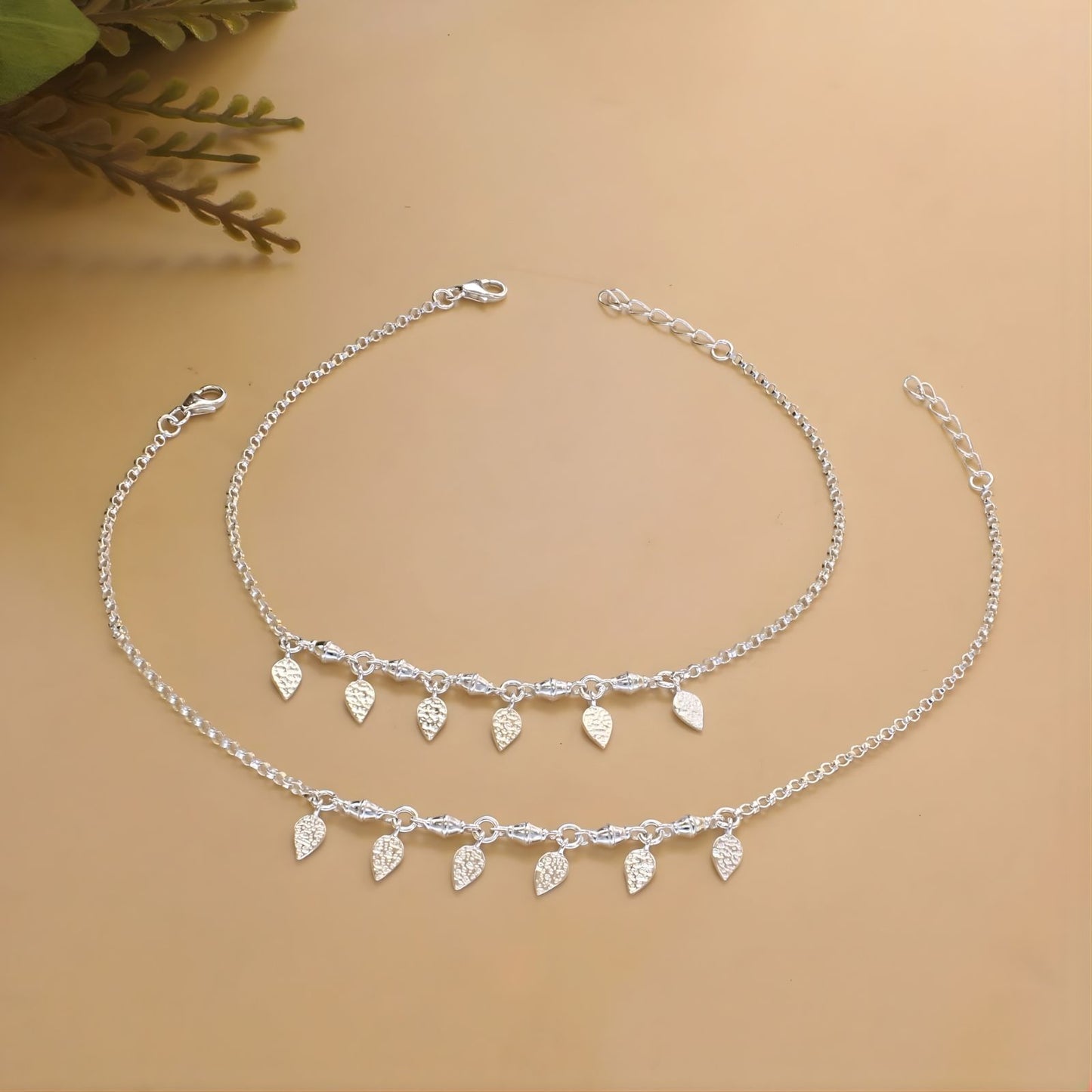 Unique 925 Sterling Silver girlish dangle Leaf charm chain Anklet Pair 10.5"