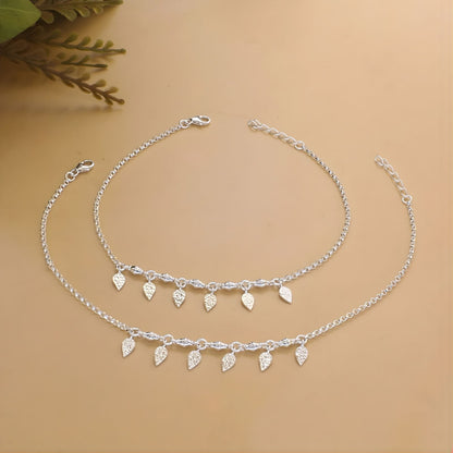Unique 925 Sterling Silver girlish dangle Leaf charm chain Anklet Pair 10.5"