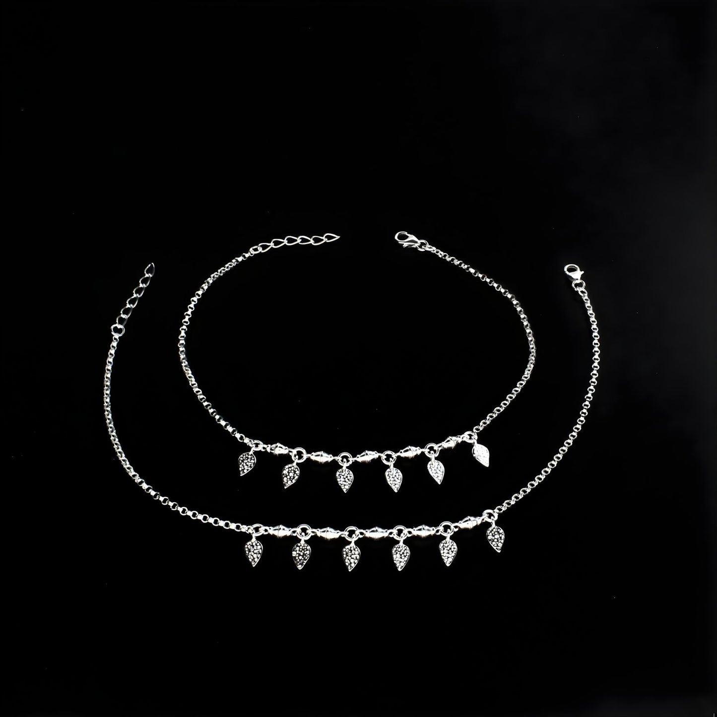 Unique 925 Sterling Silver girlish dangle Leaf charm chain Anklet Pair 10.5"