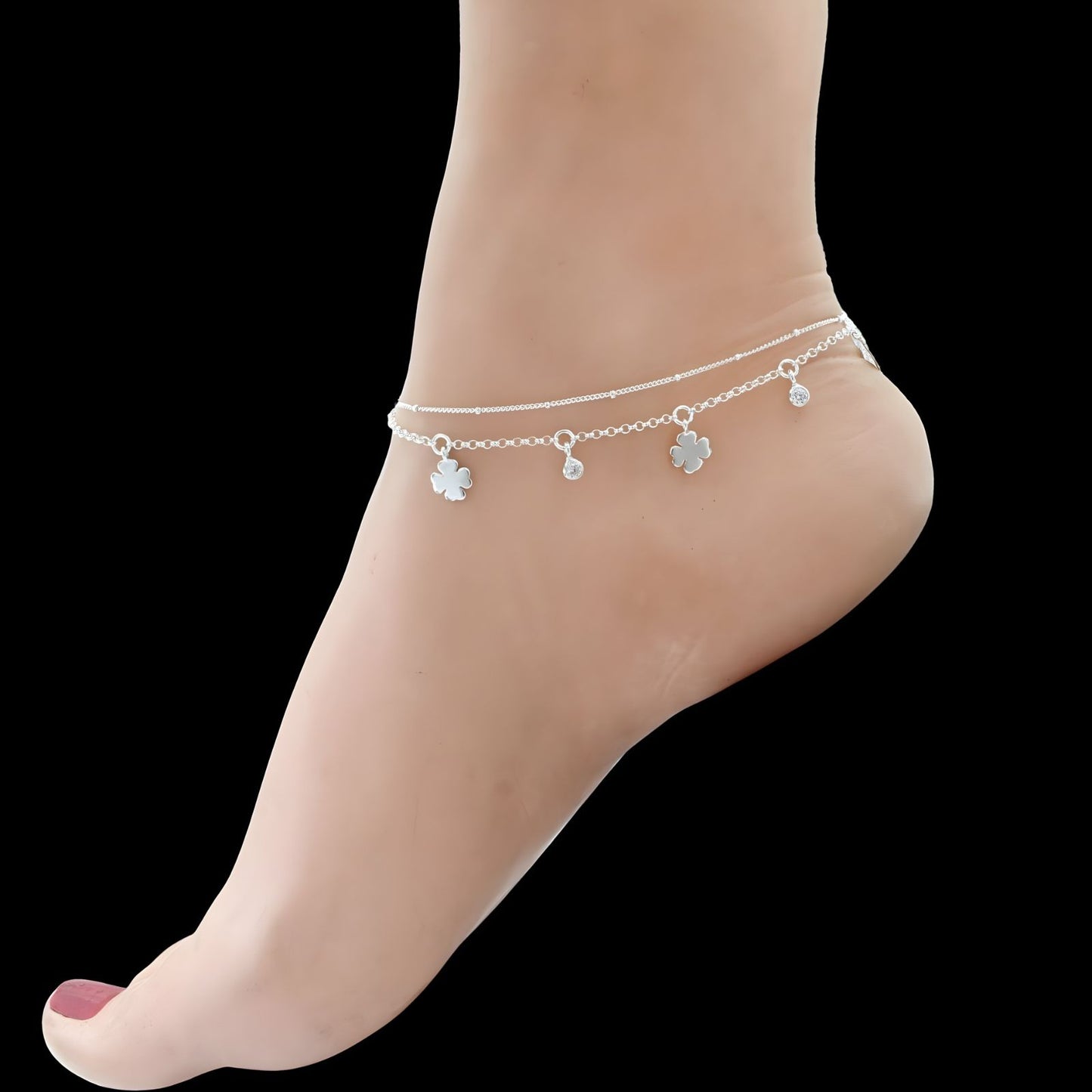Beach wear 925 Sterling Silver double Layers girlish White CZ Chain Anklet Pair 10.5"
