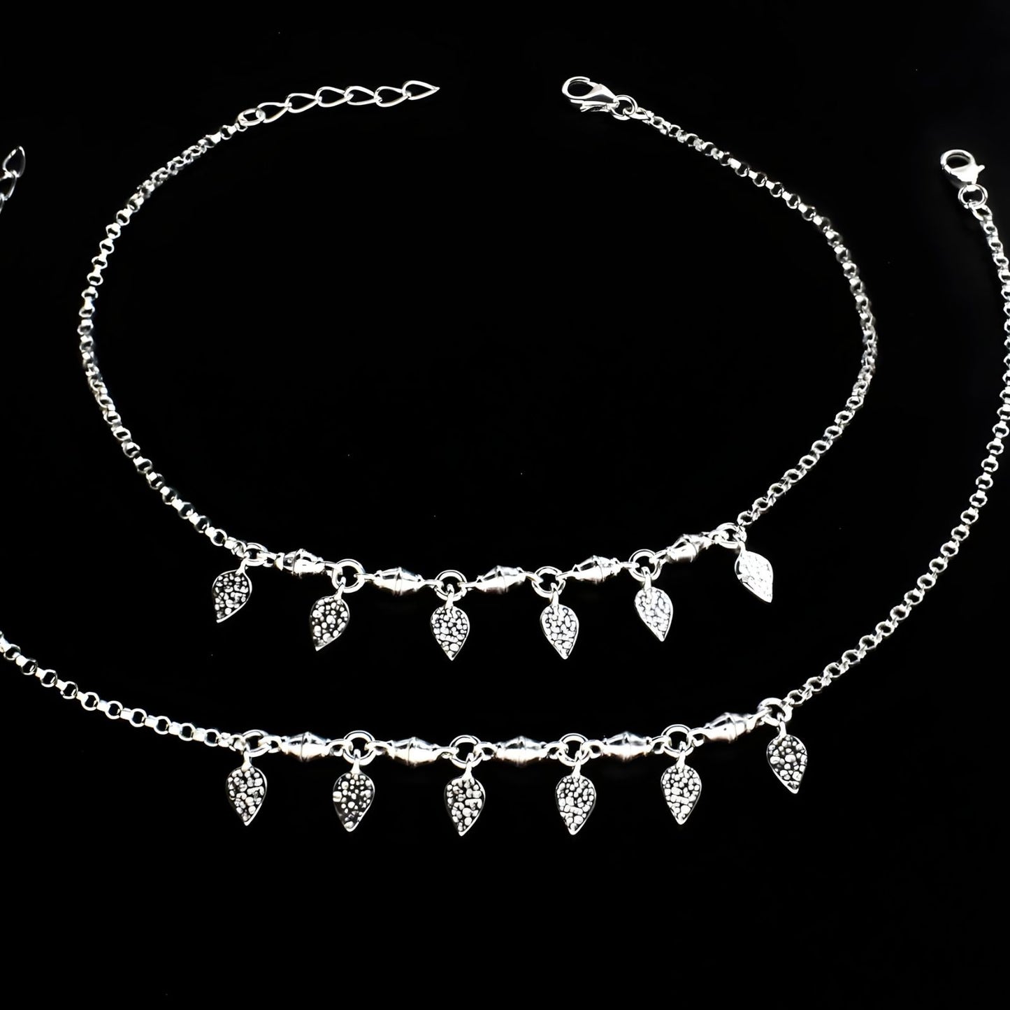 Unique 925 Sterling Silver girlish dangle Leaf charm chain Anklet Pair 10.5"