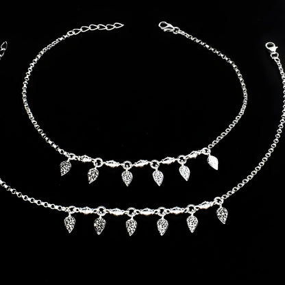 Unique 925 Sterling Silver girlish dangle Leaf charm chain Anklet Pair 10.5"