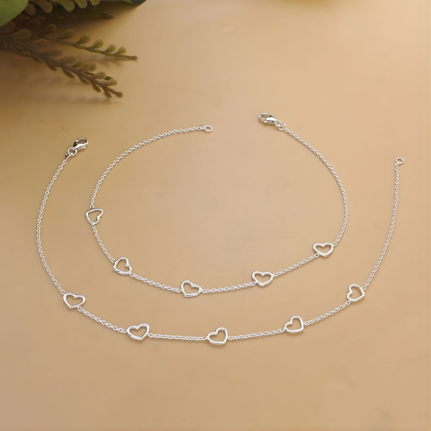 Trendy 925 Sterling Silver girlish five hearts chain Anklet Pair 10.3"