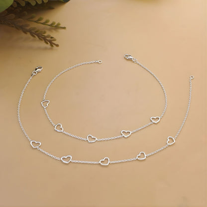 Trendy 925 Sterling Silver girlish five hearts chain Anklet Pair 10.3"