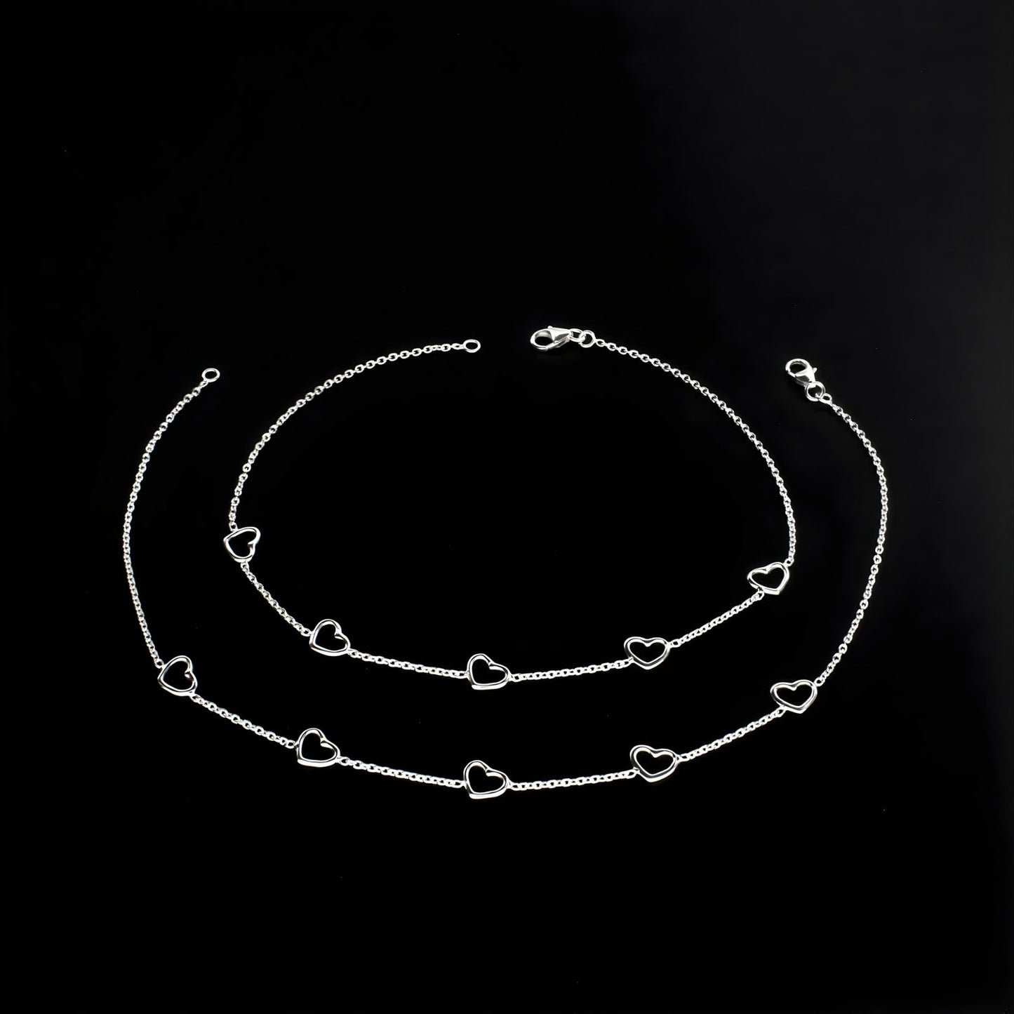 Trendy 925 Sterling Silver girlish five hearts chain Anklet Pair 10.3"