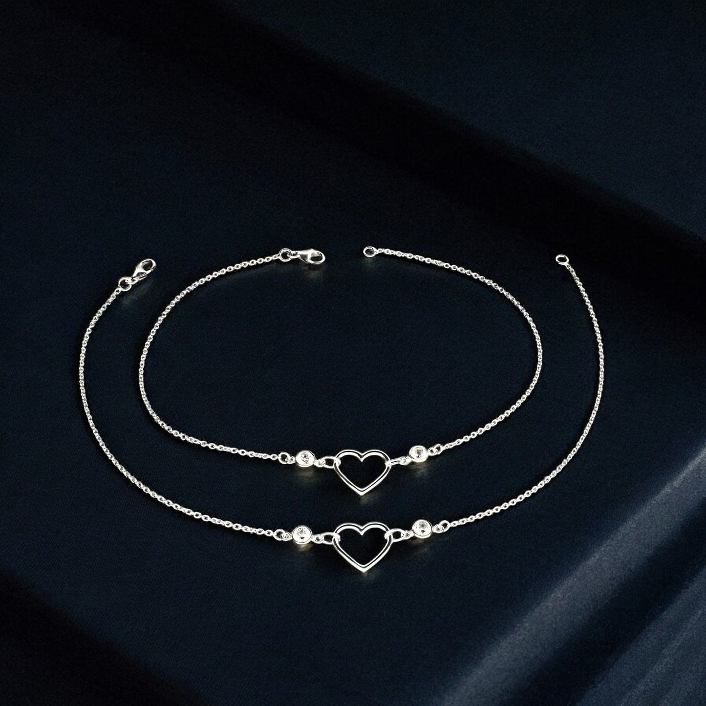 Exclusive 925 Sterling Silver girlish White CZ heart Chain Anklet Pair 10.3"