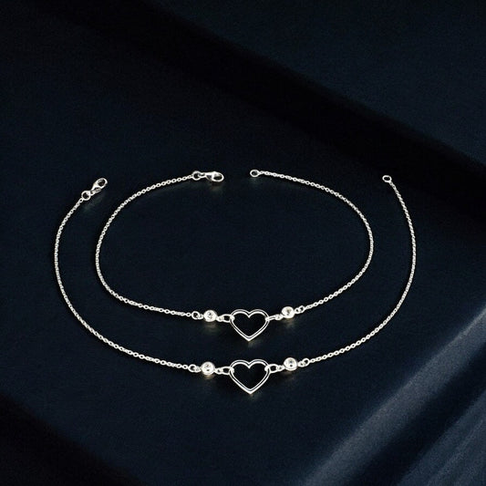 Exclusive 925 Sterling Silver girlish White CZ heart Chain Anklet Pair 10.3"
