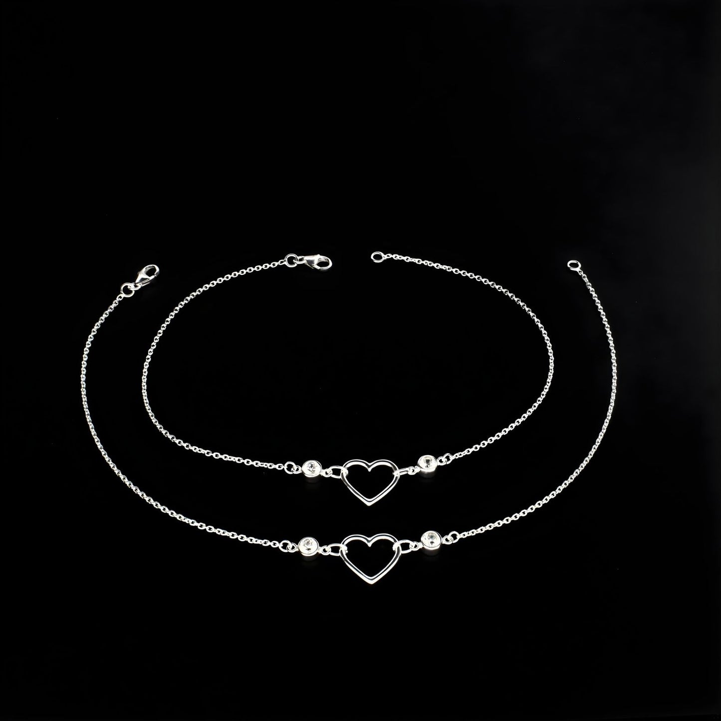Exclusive 925 Sterling Silver girlish White CZ heart Chain Anklet Pair 10.3"