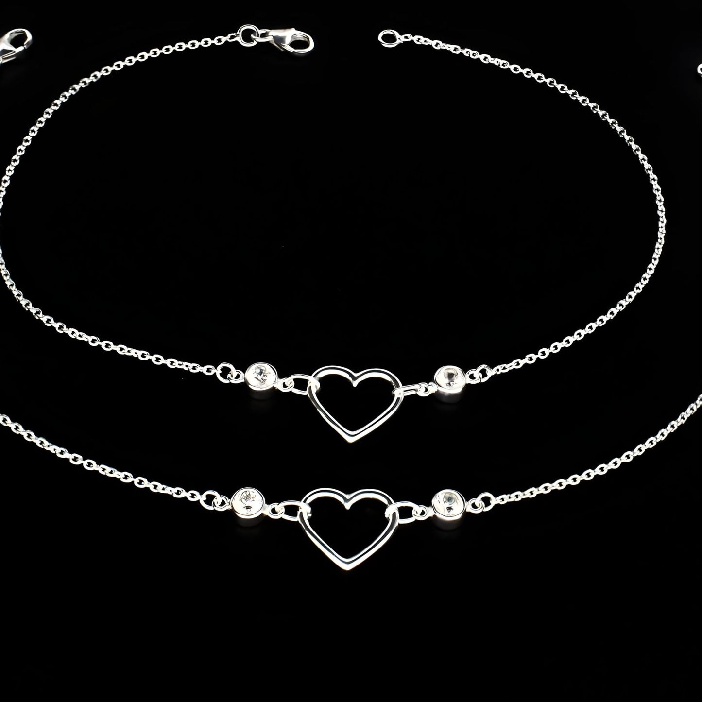 Exclusive 925 Sterling Silver girlish White CZ heart Chain Anklet Pair 10.3"