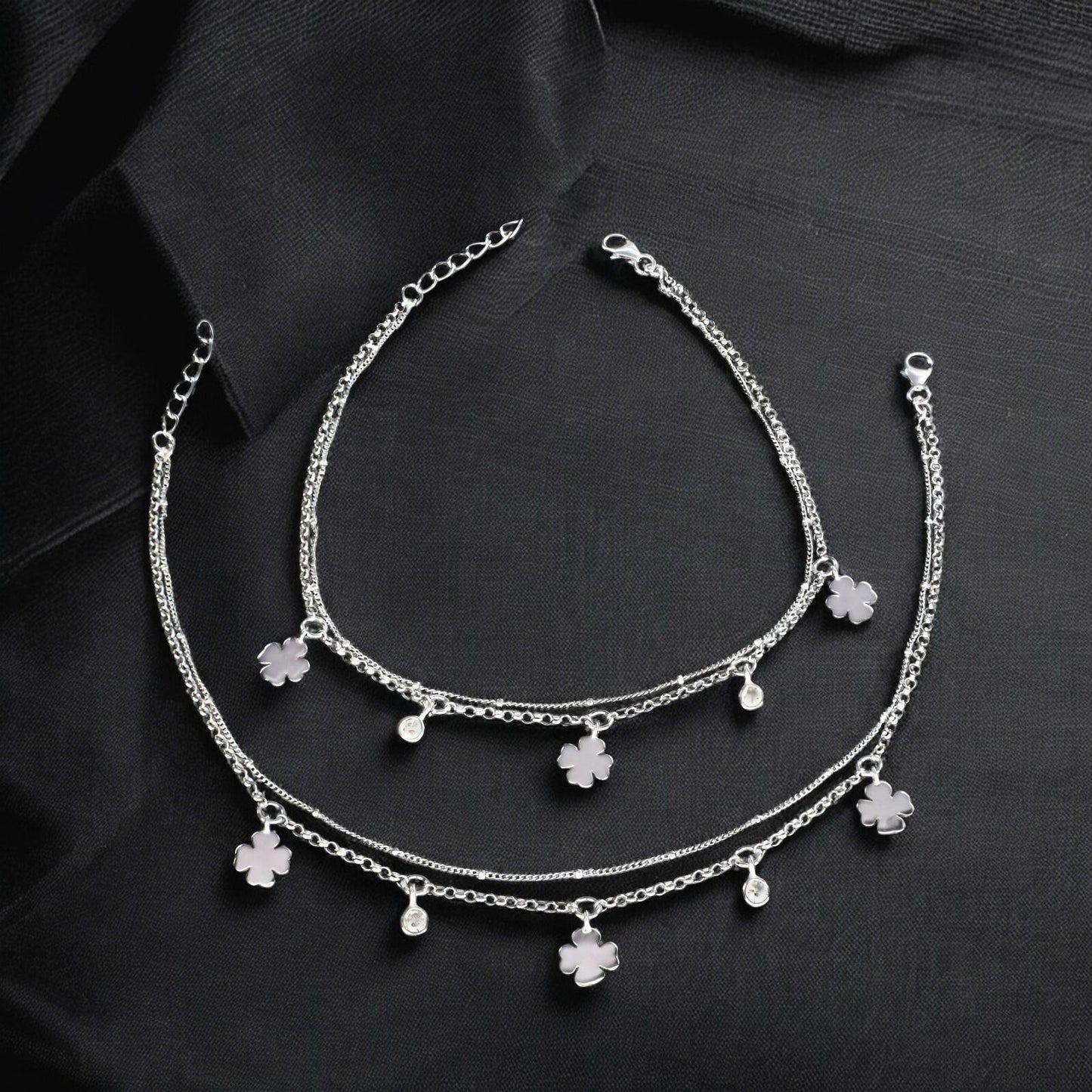 Beach wear 925 Sterling Silver double Layers girlish White CZ Chain Anklet Pair 10.5"