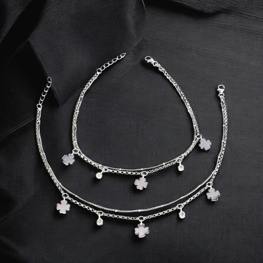 Beach wear 925 Sterling Silver double Layers girlish White CZ Chain Anklet Pair 10.5"