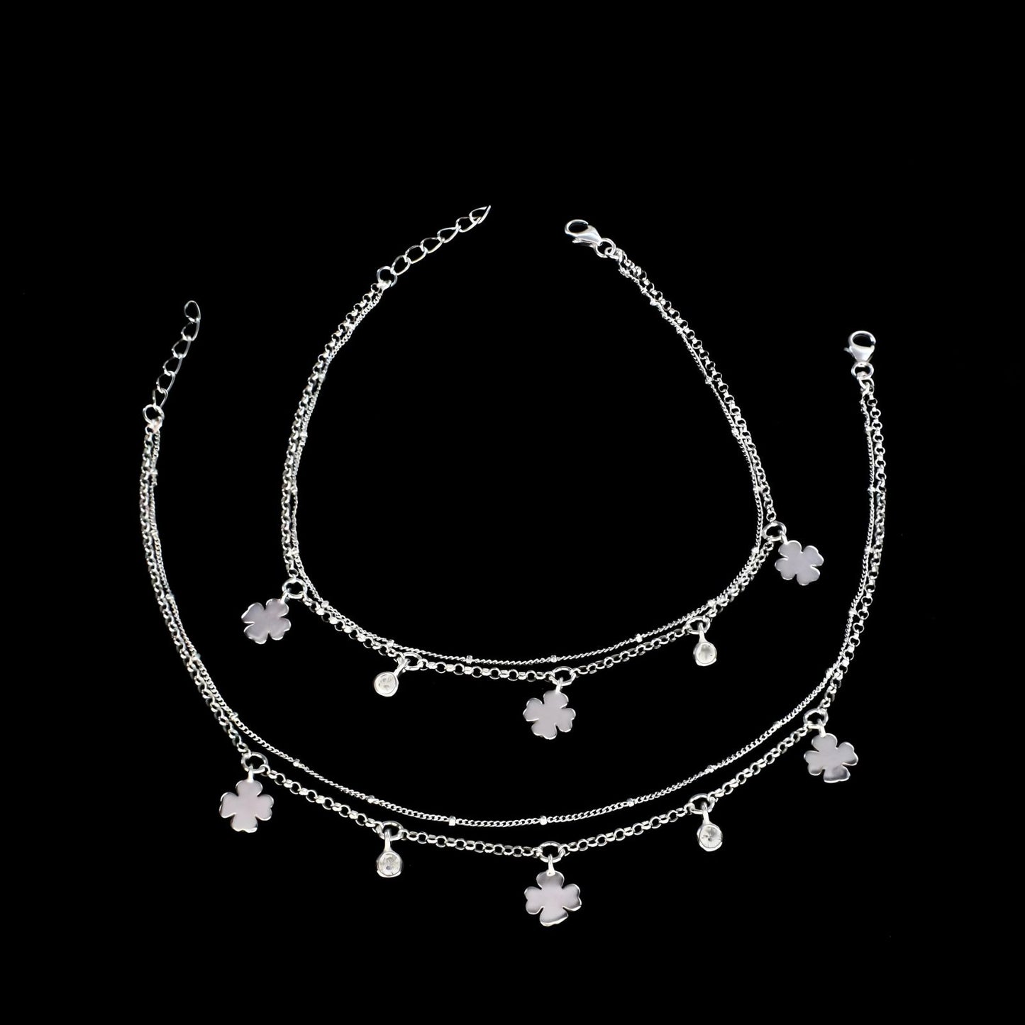 Beach wear 925 Sterling Silver double Layers girlish White CZ Chain Anklet Pair 10.5"
