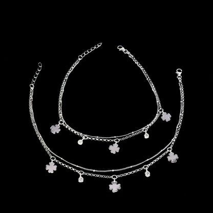 Beach wear 925 Sterling Silver double Layers girlish White CZ Chain Anklet Pair 10.5"