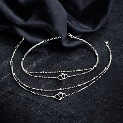 Girlish 925 Sterling Silver two Layered Love Heart beach Foot Anklet Pair 11"