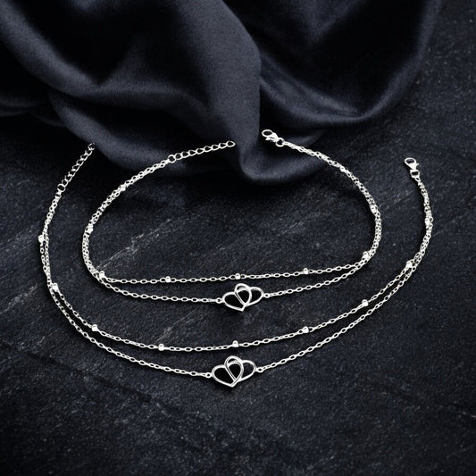 Girlish 925 Sterling Silver two Layered Love Heart beach Foot Anklet Pair 11"