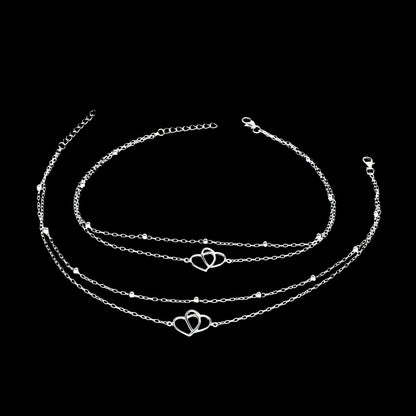 Girlish 925 Sterling Silver two Layered Love Heart beach Foot Anklet Pair 11"