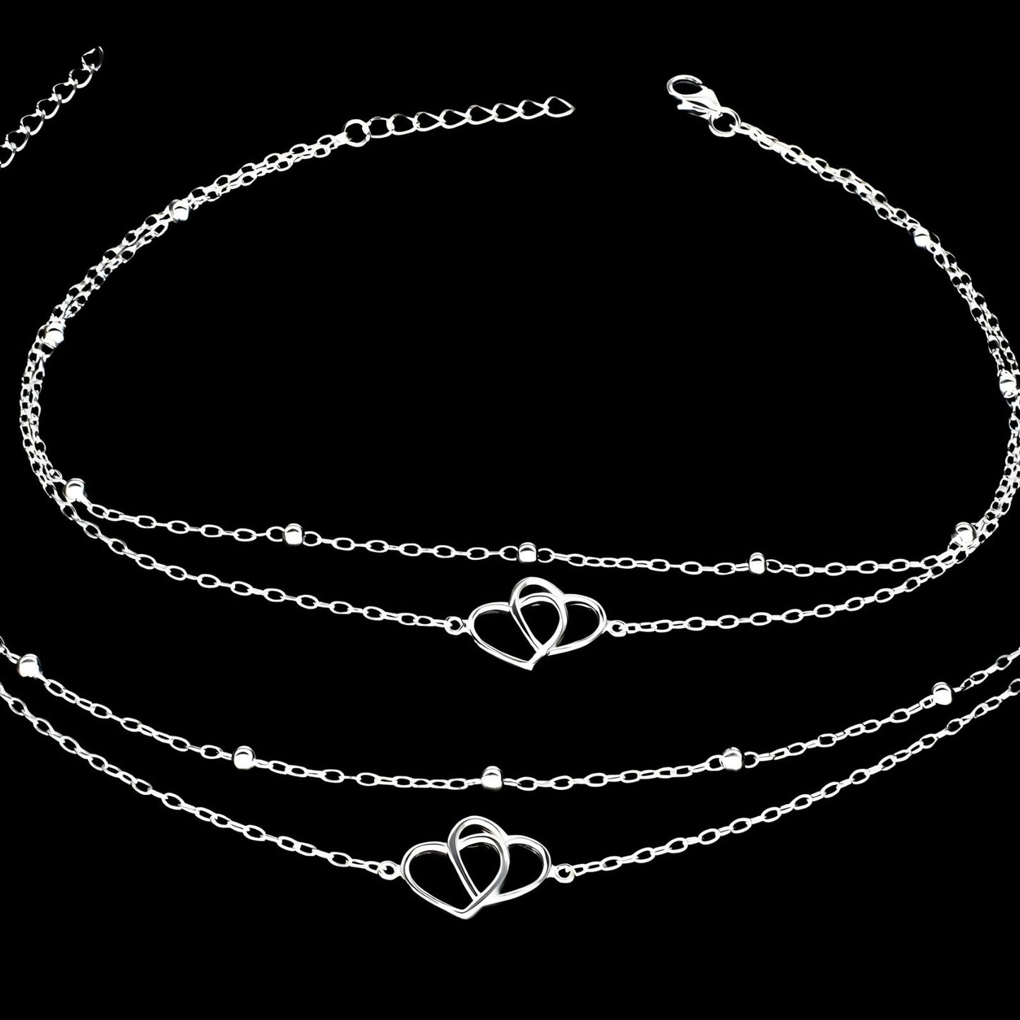 Girlish 925 Sterling Silver two Layered Love Heart beach Foot Anklet Pair 11"